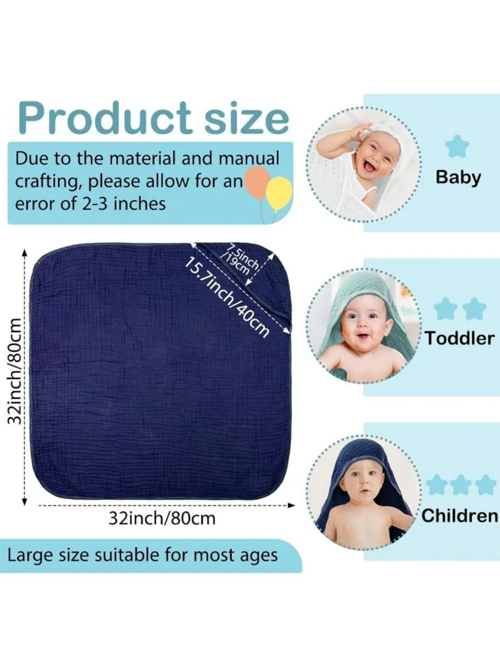 Soft Cotton Muslin Hooded Baby Towels - 6 Pack, Adorable Blue Color, Quick-Dry
